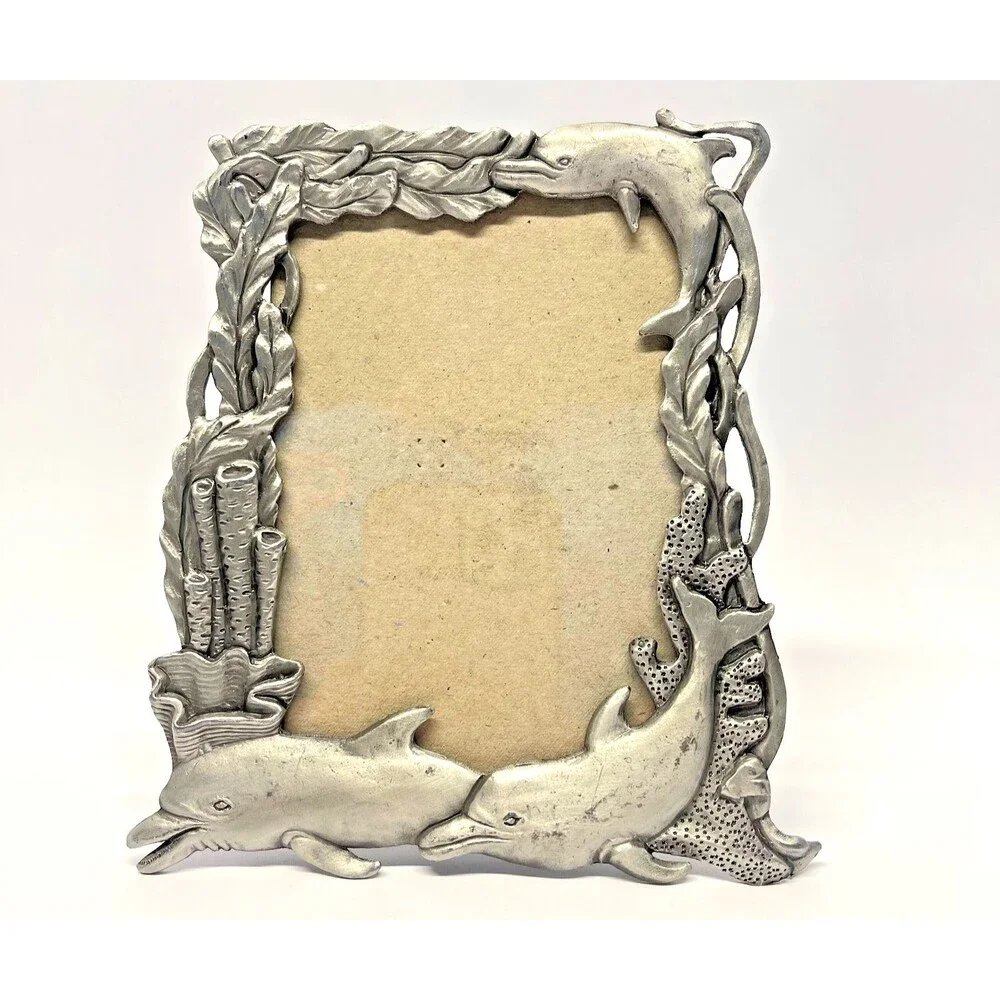 Vintage Dolphin Seascape - Sun Pewter Tone Rectangle 3.5x5 Picture Frame-Taiwan